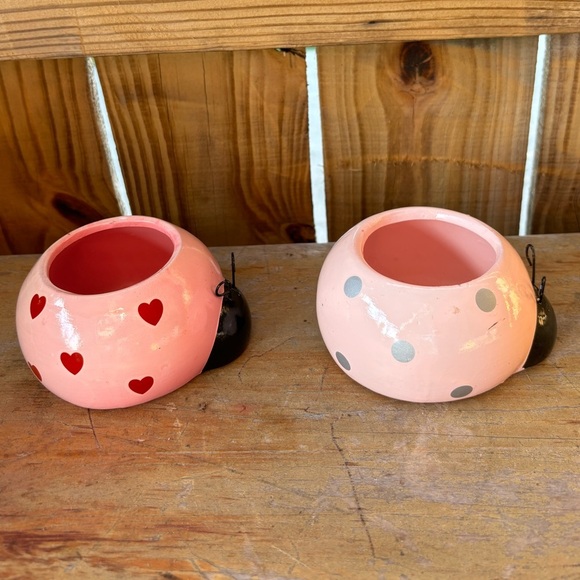 2 Rocket Farms Pink Lovebug Ladybug Mini Planters Silver Polka Dots & Red Hearts - Picture 2 of 9